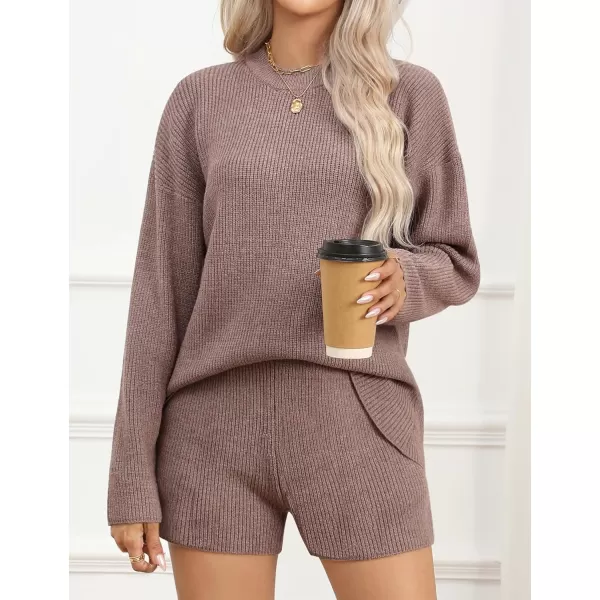 SWOMOG Womens 2 Piece Sweater Sets Outfits Long Sleeve Pajamas Set Knit Top and Shorts Matching Lounge Set with PocketsCoffee