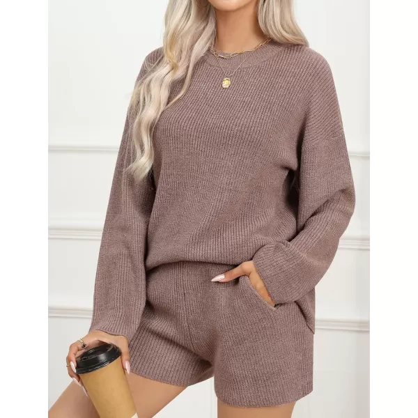 SWOMOG Womens 2 Piece Sweater Sets Outfits Long Sleeve Pajamas Set Knit Top and Shorts Matching Lounge Set with PocketsCoffee