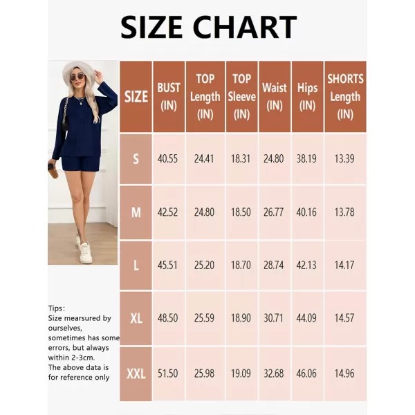 SWOMOG Womens 2 Piece Sweater Sets Outfits Long Sleeve Pajamas Set Knit Top and Shorts Matching Lounge Set with PocketsNavy Blue