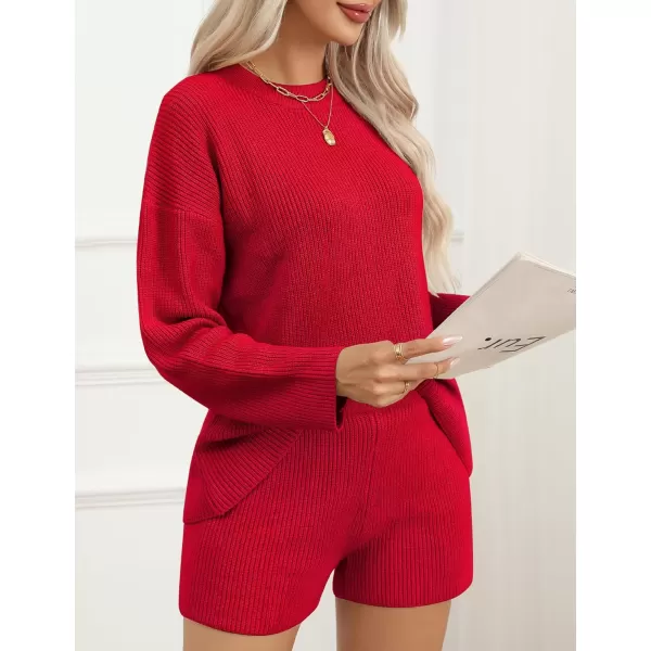 SWOMOG Womens 2 Piece Sweater Sets Outfits Long Sleeve Pajamas Set Knit Top and Shorts Matching Lounge Set with PocketsRed