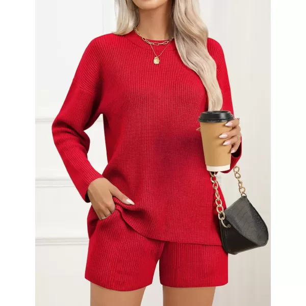 SWOMOG Womens 2 Piece Sweater Sets Outfits Long Sleeve Pajamas Set Knit Top and Shorts Matching Lounge Set with PocketsRed