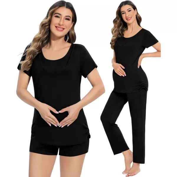 SWOMOG Womens 3 PCS Nursing Pajama Set Maternity Pjs Set Short Sleeve Breastfeeding Pregnancy Sleepwear with PocketsBlack