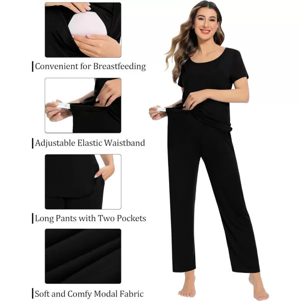 SWOMOG Womens 3 PCS Nursing Pajama Set Maternity Pjs Set Short Sleeve Breastfeeding Pregnancy Sleepwear with PocketsBlack