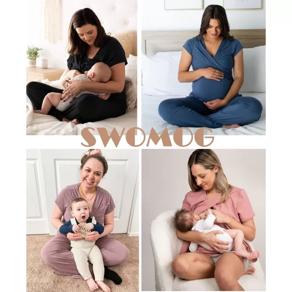 SWOMOG Womens 3 PCS Nursing Pajama Set Maternity Pjs Set Short Sleeve Breastfeeding Pregnancy Sleepwear with PocketsBlack