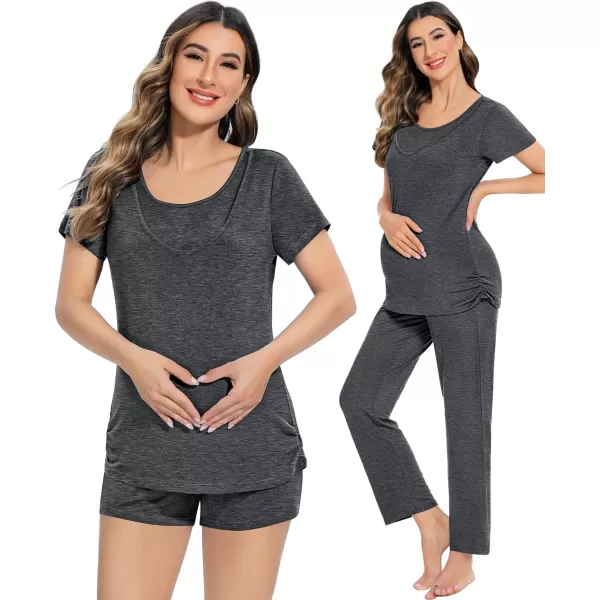 SWOMOG Womens 3 PCS Nursing Pajama Set Maternity Pjs Set Short Sleeve Breastfeeding Pregnancy Sleepwear with PocketsDeep Grey