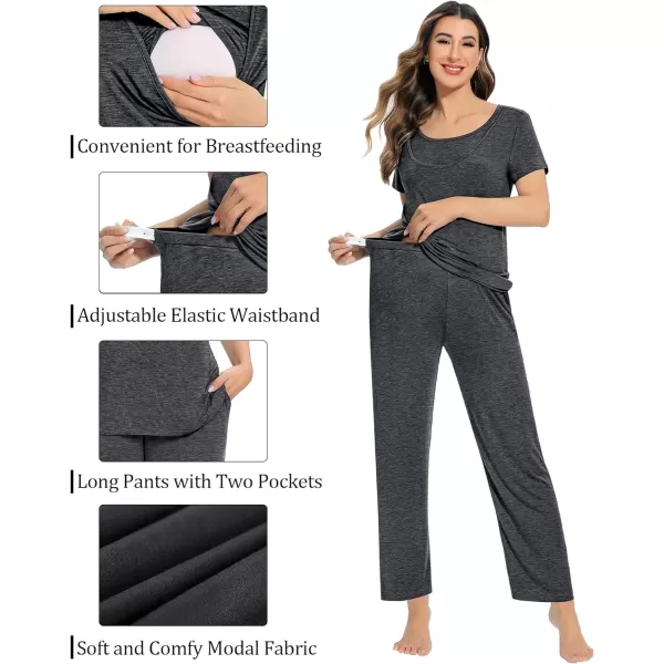 SWOMOG Womens 3 PCS Nursing Pajama Set Maternity Pjs Set Short Sleeve Breastfeeding Pregnancy Sleepwear with PocketsDeep Grey