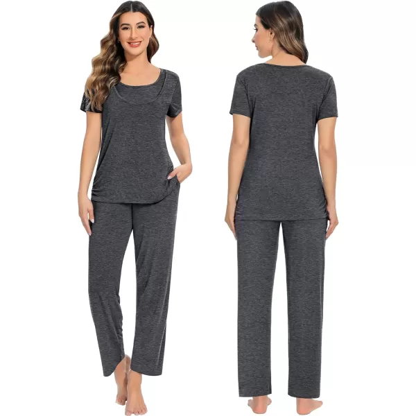 SWOMOG Womens 3 PCS Nursing Pajama Set Maternity Pjs Set Short Sleeve Breastfeeding Pregnancy Sleepwear with PocketsDeep Grey