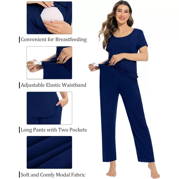 SWOMOG Womens 3 PCS Nursing Pajama Set Maternity Pjs Set Short Sleeve Breastfeeding Pregnancy Sleepwear with PocketsNavy Blue