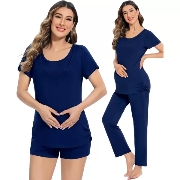 SWOMOG Womens 3 PCS Nursing Pajama Set Maternity Pjs Set Short Sleeve Breastfeeding Pregnancy Sleepwear with PocketsNavy Blue