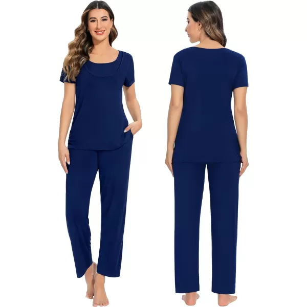 SWOMOG Womens 3 PCS Nursing Pajama Set Maternity Pjs Set Short Sleeve Breastfeeding Pregnancy Sleepwear with PocketsNavy Blue