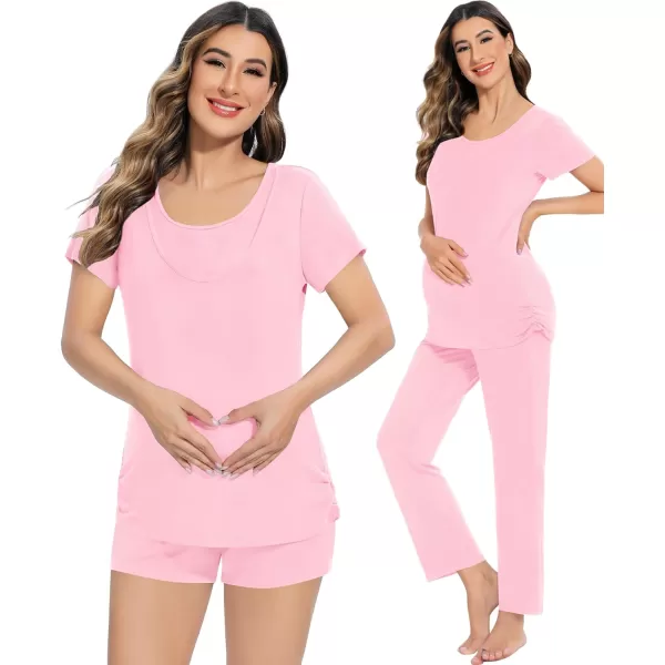 SWOMOG Womens 3 PCS Nursing Pajama Set Maternity Pjs Set Short Sleeve Breastfeeding Pregnancy Sleepwear with PocketsPink