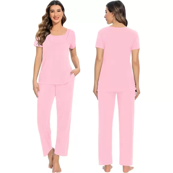 SWOMOG Womens 3 PCS Nursing Pajama Set Maternity Pjs Set Short Sleeve Breastfeeding Pregnancy Sleepwear with PocketsPink