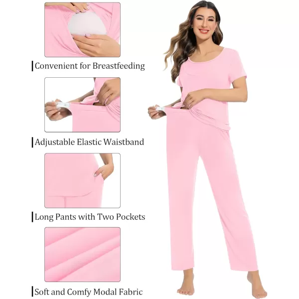 SWOMOG Womens 3 PCS Nursing Pajama Set Maternity Pjs Set Short Sleeve Breastfeeding Pregnancy Sleepwear with PocketsPink