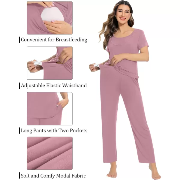 SWOMOG Womens 3 PCS Nursing Pajama Set Maternity Pjs Set Short Sleeve Breastfeeding Pregnancy Sleepwear with PocketsTaro Purple