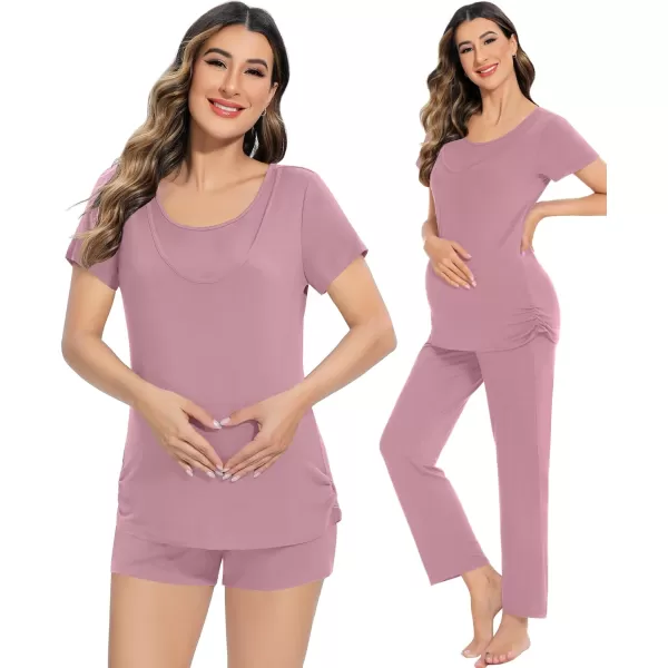 SWOMOG Womens 3 PCS Nursing Pajama Set Maternity Pjs Set Short Sleeve Breastfeeding Pregnancy Sleepwear with PocketsTaro Purple