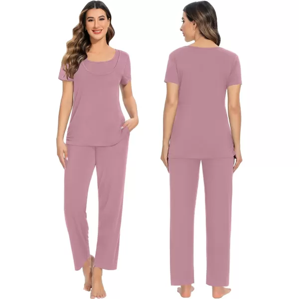 SWOMOG Womens 3 PCS Nursing Pajama Set Maternity Pjs Set Short Sleeve Breastfeeding Pregnancy Sleepwear with PocketsTaro Purple