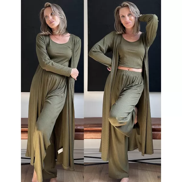 SWOMOG Womens 3 Piece Matching Set Ribbed Knit Lounge Sets Tank Cardigan and Pants Pajamas Loungewear Outfits with PocketsArmy Green