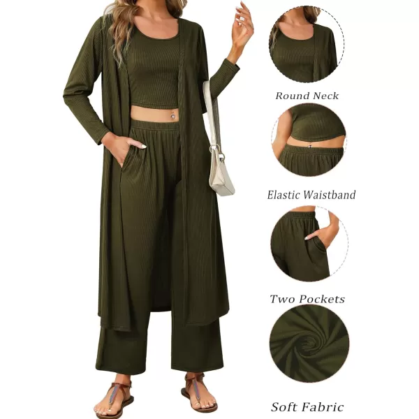 SWOMOG Womens 3 Piece Matching Set Ribbed Knit Lounge Sets Tank Cardigan and Pants Pajamas Loungewear Outfits with PocketsArmy Green