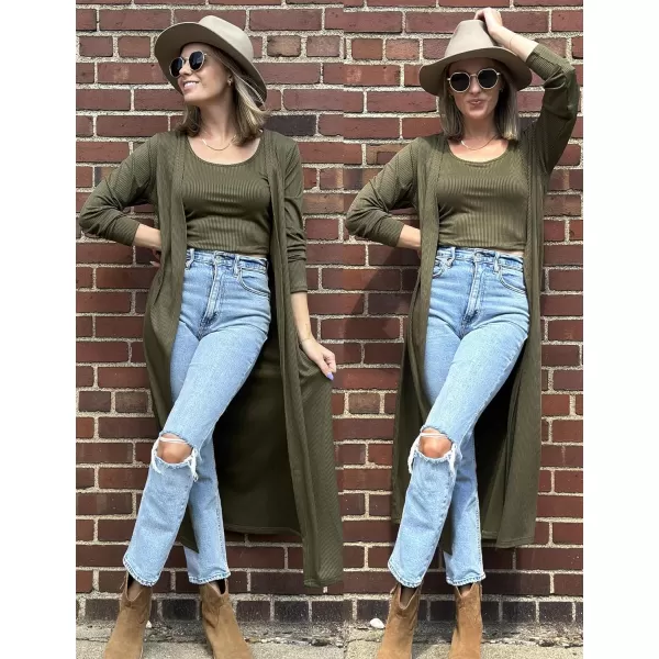 SWOMOG Womens 3 Piece Matching Set Ribbed Knit Lounge Sets Tank Cardigan and Pants Pajamas Loungewear Outfits with PocketsArmy Green