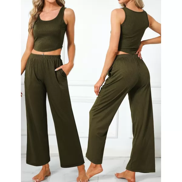 SWOMOG Womens 3 Piece Matching Set Ribbed Knit Lounge Sets Tank Cardigan and Pants Pajamas Loungewear Outfits with PocketsArmy Green