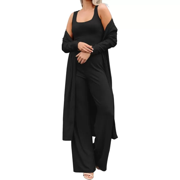 SWOMOG Womens 3 Piece Matching Set Ribbed Knit Lounge Sets Tank Cardigan and Pants Pajamas Loungewear Outfits with PocketsBlack