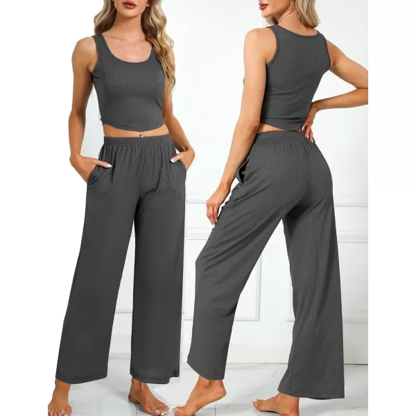 SWOMOG Womens 3 Piece Matching Set Ribbed Knit Lounge Sets Tank Cardigan and Pants Pajamas Loungewear Outfits with PocketsDark Gray