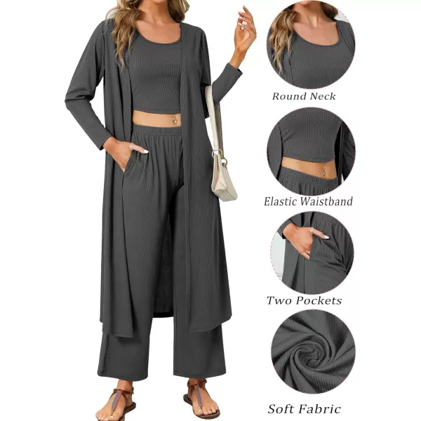 SWOMOG Womens 3 Piece Matching Set Ribbed Knit Lounge Sets Tank Cardigan and Pants Pajamas Loungewear Outfits with PocketsDark Gray