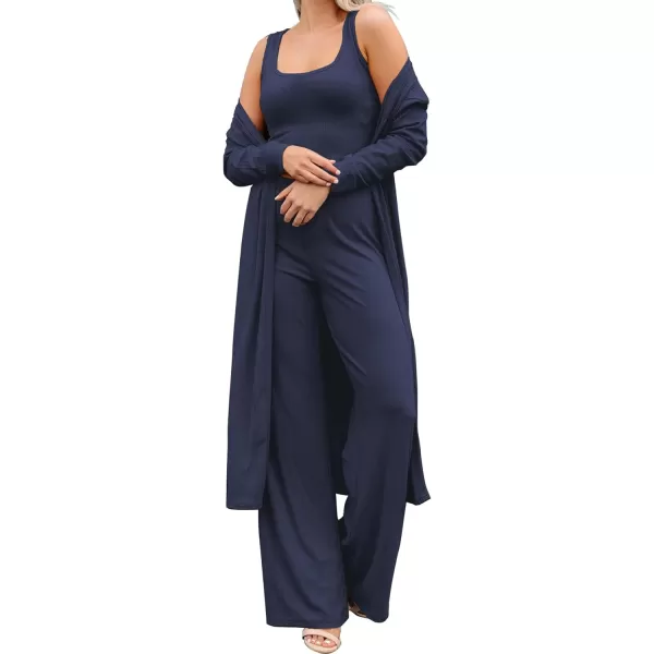 SWOMOG Womens 3 Piece Matching Set Ribbed Knit Lounge Sets Tank Cardigan and Pants Pajamas Loungewear Outfits with PocketsNavy Blue