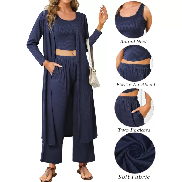 SWOMOG Womens 3 Piece Matching Set Ribbed Knit Lounge Sets Tank Cardigan and Pants Pajamas Loungewear Outfits with PocketsNavy Blue