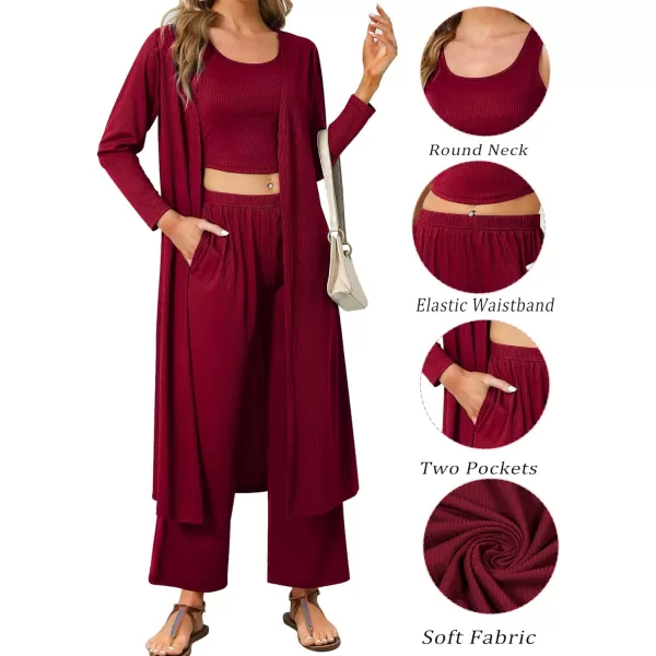 SWOMOG Womens 3 Piece Matching Set Ribbed Knit Lounge Sets Tank Cardigan and Pants Pajamas Loungewear Outfits with PocketsWine Red