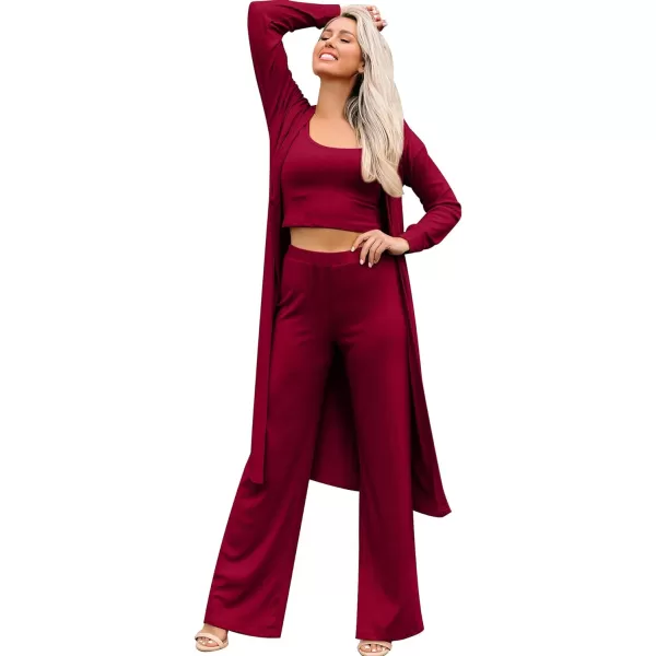 SWOMOG Womens 3 Piece Matching Set Ribbed Knit Lounge Sets Tank Cardigan and Pants Pajamas Loungewear Outfits with PocketsWine Red