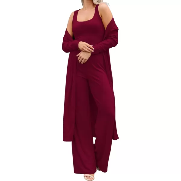 SWOMOG Womens 3 Piece Matching Set Ribbed Knit Lounge Sets Tank Cardigan and Pants Pajamas Loungewear Outfits with PocketsWine Red