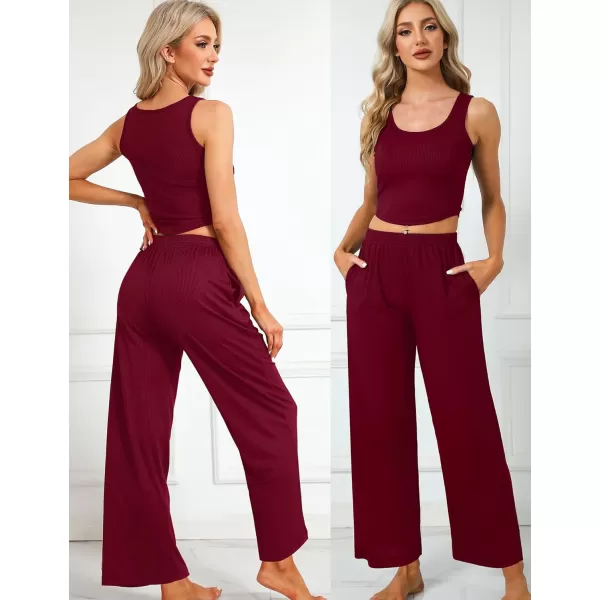 SWOMOG Womens 3 Piece Matching Set Ribbed Knit Lounge Sets Tank Cardigan and Pants Pajamas Loungewear Outfits with PocketsWine Red