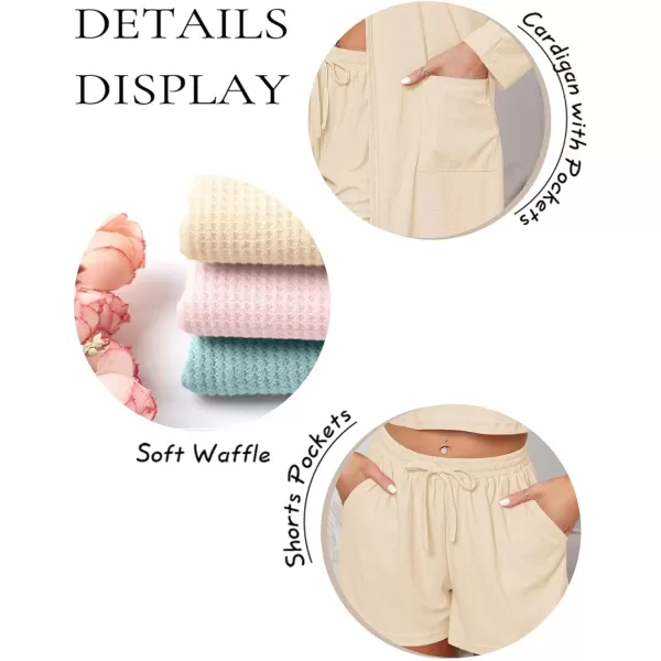 SWOMOG Womens 3 Pieces Lounge Sets Waffle Matching Sets Loose Outfits Tracksuits Cardigan Crop Top and ShortsBeige