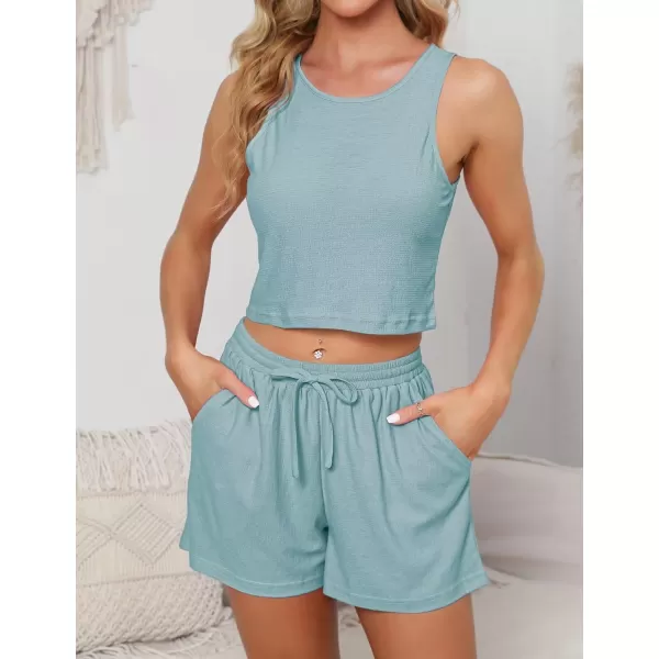 SWOMOG Womens 3 Pieces Lounge Sets Waffle Matching Sets Loose Outfits Tracksuits Cardigan Crop Top and ShortsLight Blue