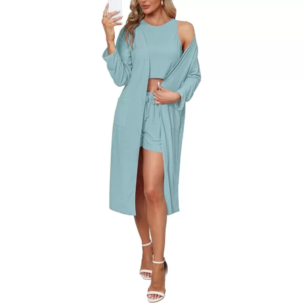 SWOMOG Womens 3 Pieces Lounge Sets Waffle Matching Sets Loose Outfits Tracksuits Cardigan Crop Top and ShortsLight Blue