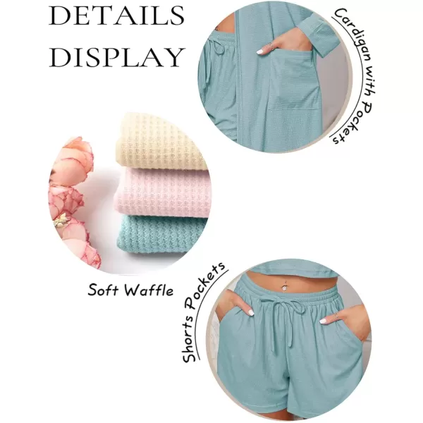 SWOMOG Womens 3 Pieces Lounge Sets Waffle Matching Sets Loose Outfits Tracksuits Cardigan Crop Top and ShortsLight Blue