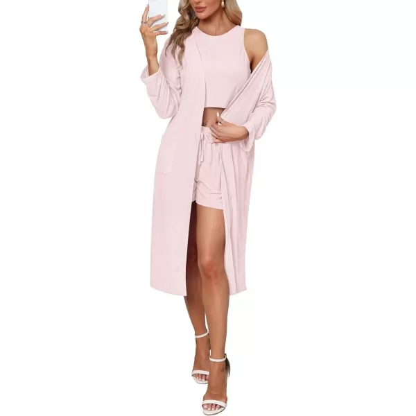 SWOMOG Womens 3 Pieces Lounge Sets Waffle Matching Sets Loose Outfits Tracksuits Cardigan Crop Top and ShortsLight Pink