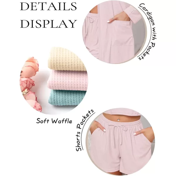 SWOMOG Womens 3 Pieces Lounge Sets Waffle Matching Sets Loose Outfits Tracksuits Cardigan Crop Top and ShortsLight Pink