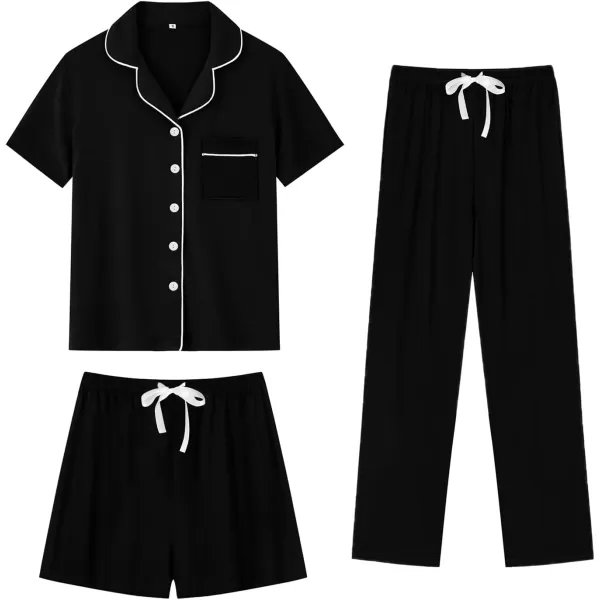 SWOMOG Womens 3pcs Button Down Pajamas Set Short Sleeve Sleepwear Bride Soft Pj Lounge Sets with Long PantsBlack