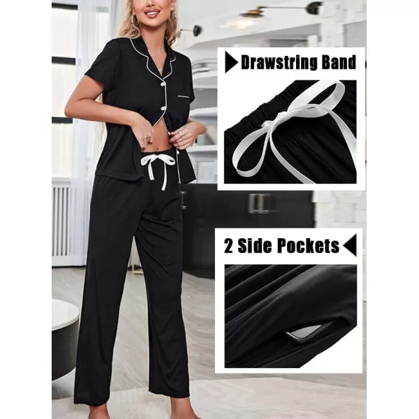 SWOMOG Womens 3pcs Button Down Pajamas Set Short Sleeve Sleepwear Bride Soft Pj Lounge Sets with Long PantsBlack