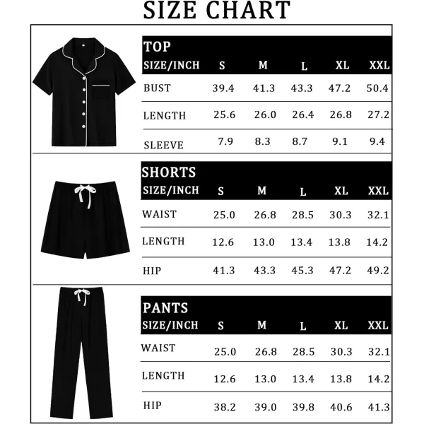 SWOMOG Womens 3pcs Button Down Pajamas Set Short Sleeve Sleepwear Bride Soft Pj Lounge Sets with Long PantsBlack