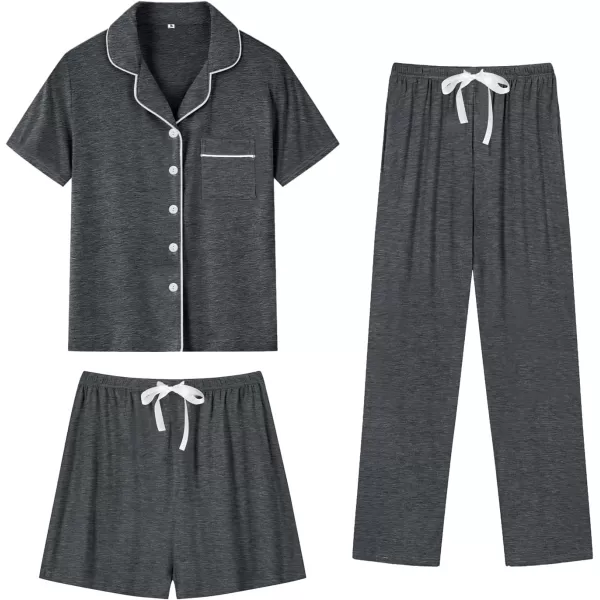 SWOMOG Womens 3pcs Button Down Pajamas Set Short Sleeve Sleepwear Bride Soft Pj Lounge Sets with Long PantsDeep Grey