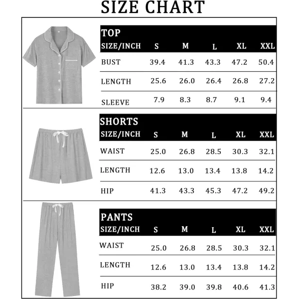 SWOMOG Womens 3pcs Button Down Pajamas Set Short Sleeve Sleepwear Bride Soft Pj Lounge Sets with Long PantsGrey