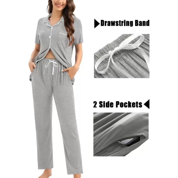 SWOMOG Womens 3pcs Button Down Pajamas Set Short Sleeve Sleepwear Bride Soft Pj Lounge Sets with Long PantsGrey