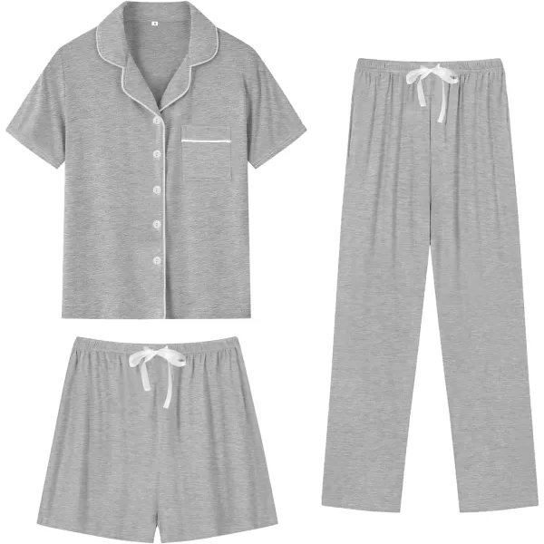 SWOMOG Womens 3pcs Button Down Pajamas Set Short Sleeve Sleepwear Bride Soft Pj Lounge Sets with Long PantsGrey