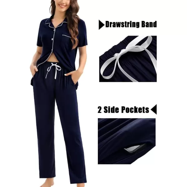 SWOMOG Womens 3pcs Button Down Pajamas Set Short Sleeve Sleepwear Bride Soft Pj Lounge Sets with Long PantsNavy Blue