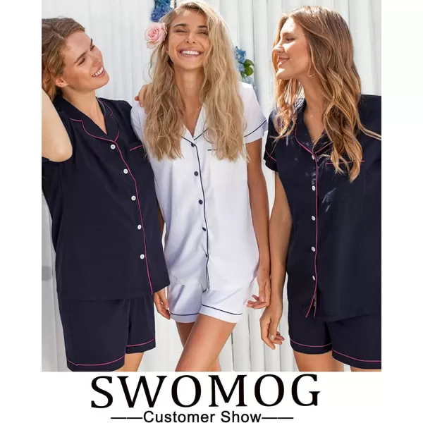 SWOMOG Womens 3pcs Button Down Pajamas Set Short Sleeve Sleepwear Bride Soft Pj Lounge Sets with Long PantsNavy Blue