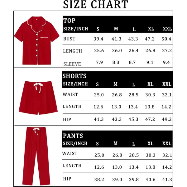 SWOMOG Womens 3pcs Button Down Pajamas Set Short Sleeve Sleepwear Bride Soft Pj Lounge Sets with Long PantsRed