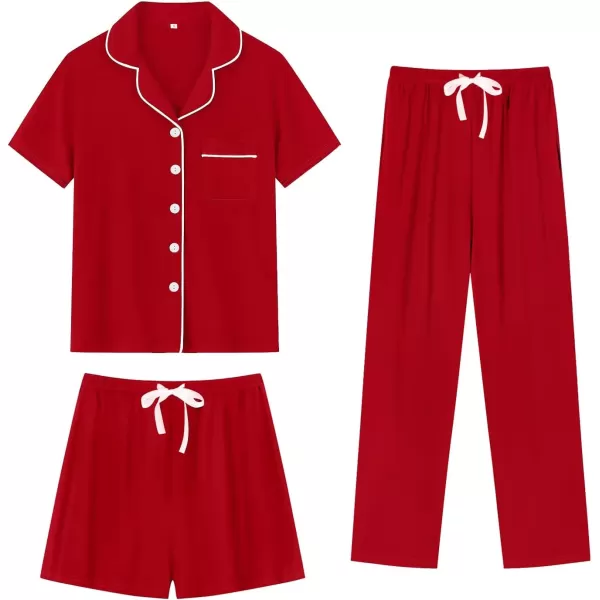 SWOMOG Womens 3pcs Button Down Pajamas Set Short Sleeve Sleepwear Bride Soft Pj Lounge Sets with Long PantsRed